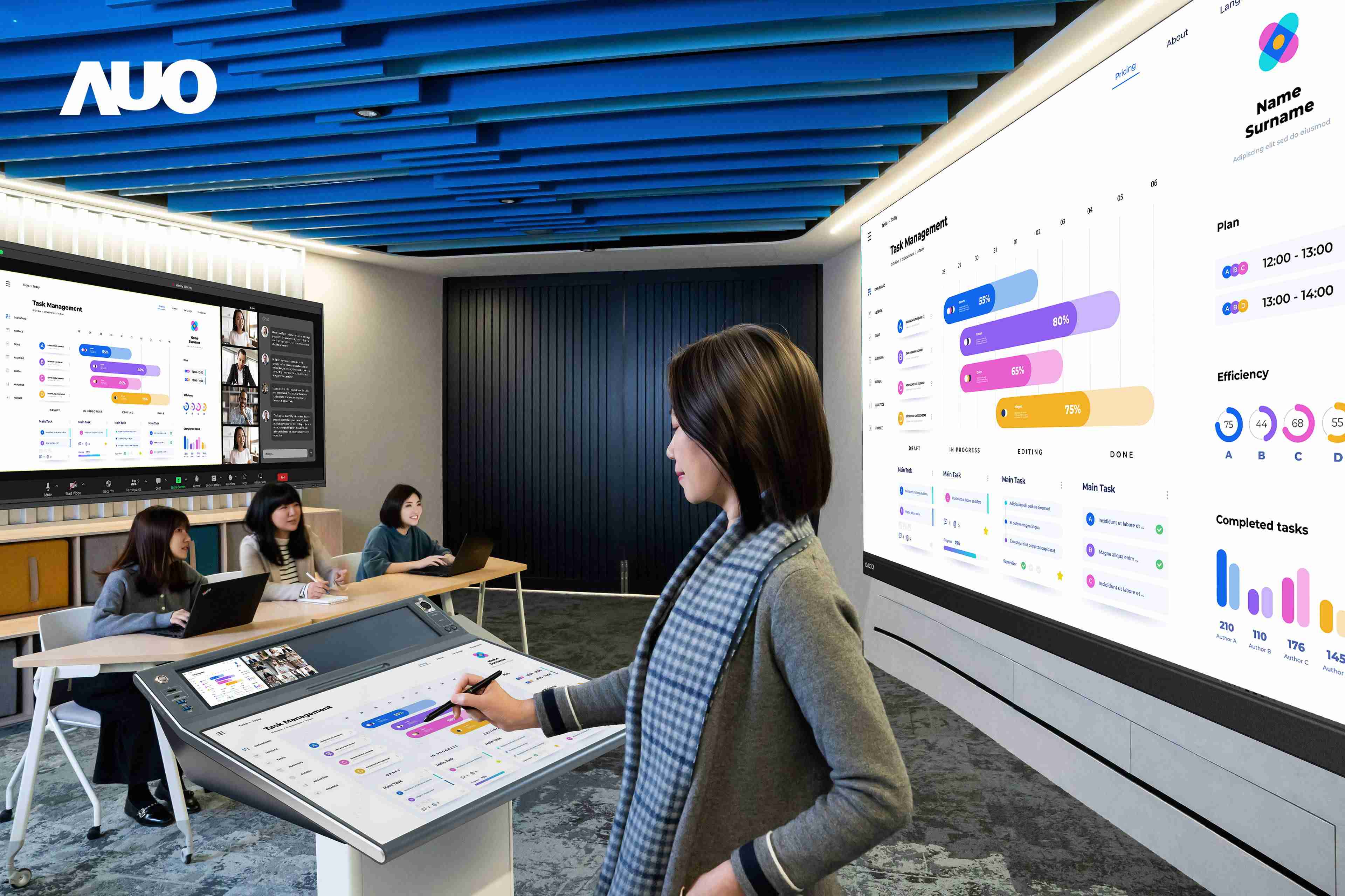 达擎携手Avocor与Rise Vision展示全方位商务领域应用，，包含采用模块化设计的138吋一体式All-in-One LED显示器及具21:9超宽比例的92吋交互式电子白板（IFPD），，讲者可轻松分享内容，，，有效提升会议协作效率。。。。